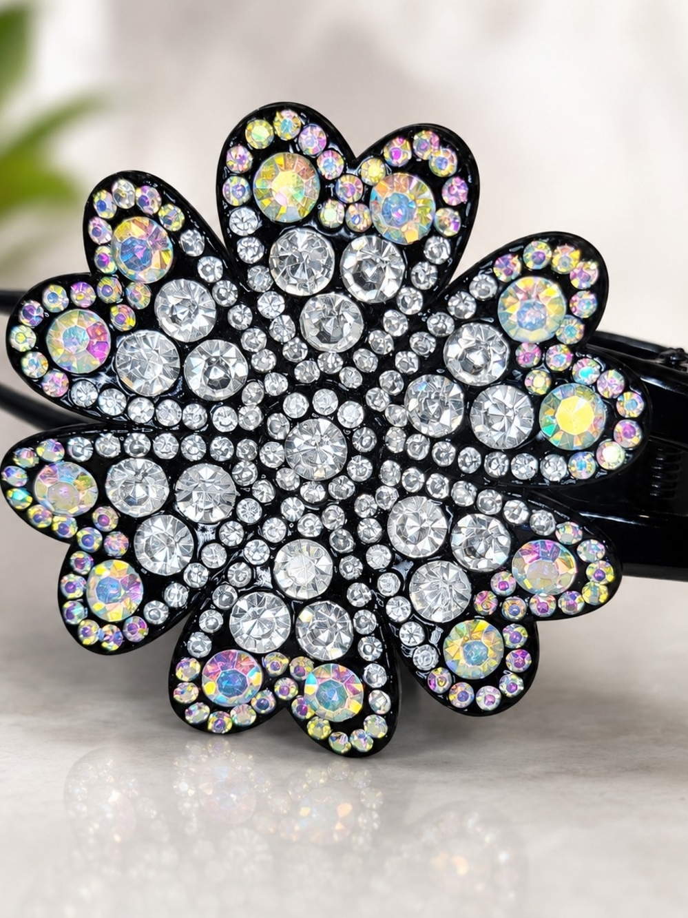 Y2K Rhinestone Flower Hair Claw Clip Black Acrylic Crystal AB Statement Hair